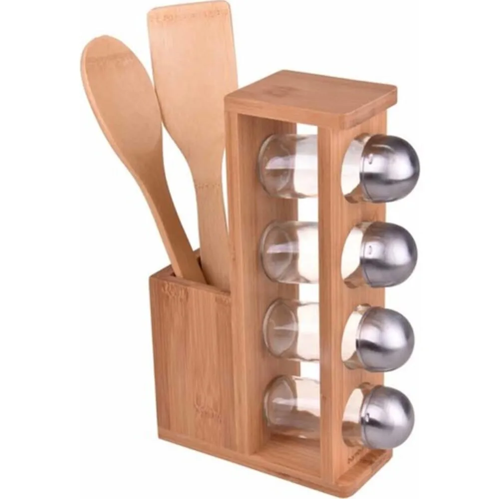 Bambum Sital 7 Piece Spice Set With Spoon Holder Bamboo Spice Set Salt and Pepper Spice Bottle Kitchen Condiment Spice storage