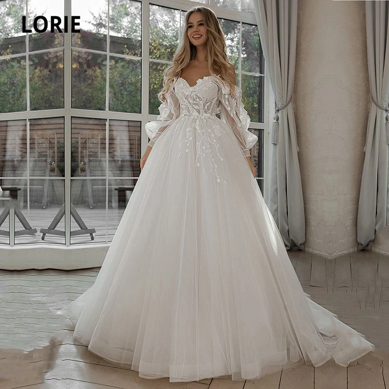 LORIE BOHO Wedding Dresses Puffy Sleeves Appliques Lace 3D Flowers Off Shoulder Tulle Bride Gown Vestidos De Novia Customized