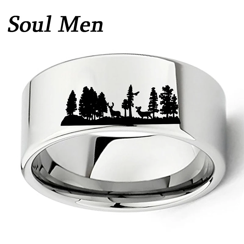 Animal Landscape Scene Deers Ring Engraved Flat Polish Tungsten Carbide Ring 11mm Mens Outdoors Hunting Wedding Band