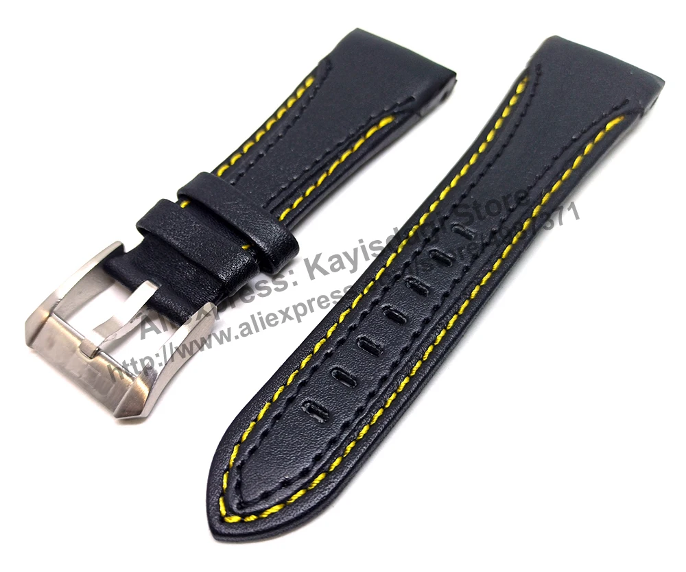 26mm Black Genuine Leather Yellow Stitched Watch Band Strap Compatible For Seiko Velatura 7T84-0AD0 - SPC049P1 SPC049P9