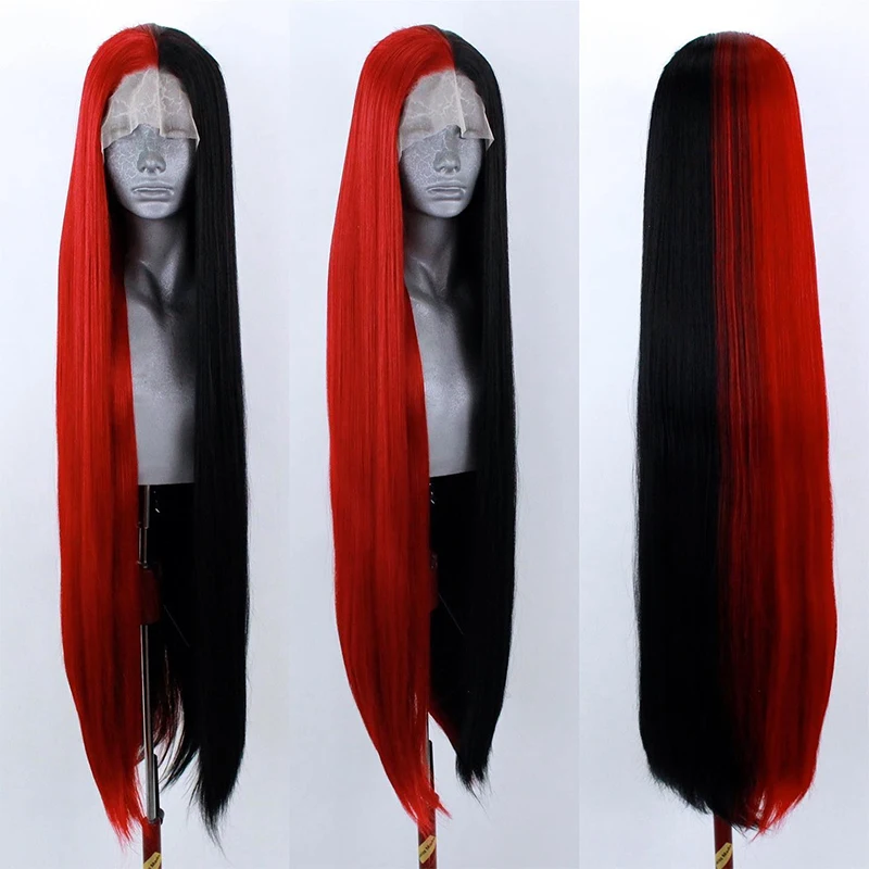 Setengah Merah Setengah Hitam Wig Renda Sintetis 10% Rambut Manusia Lurus Renda Depan Wig Tahan Panas Renda Sintetis Wig Frontal Cosplay