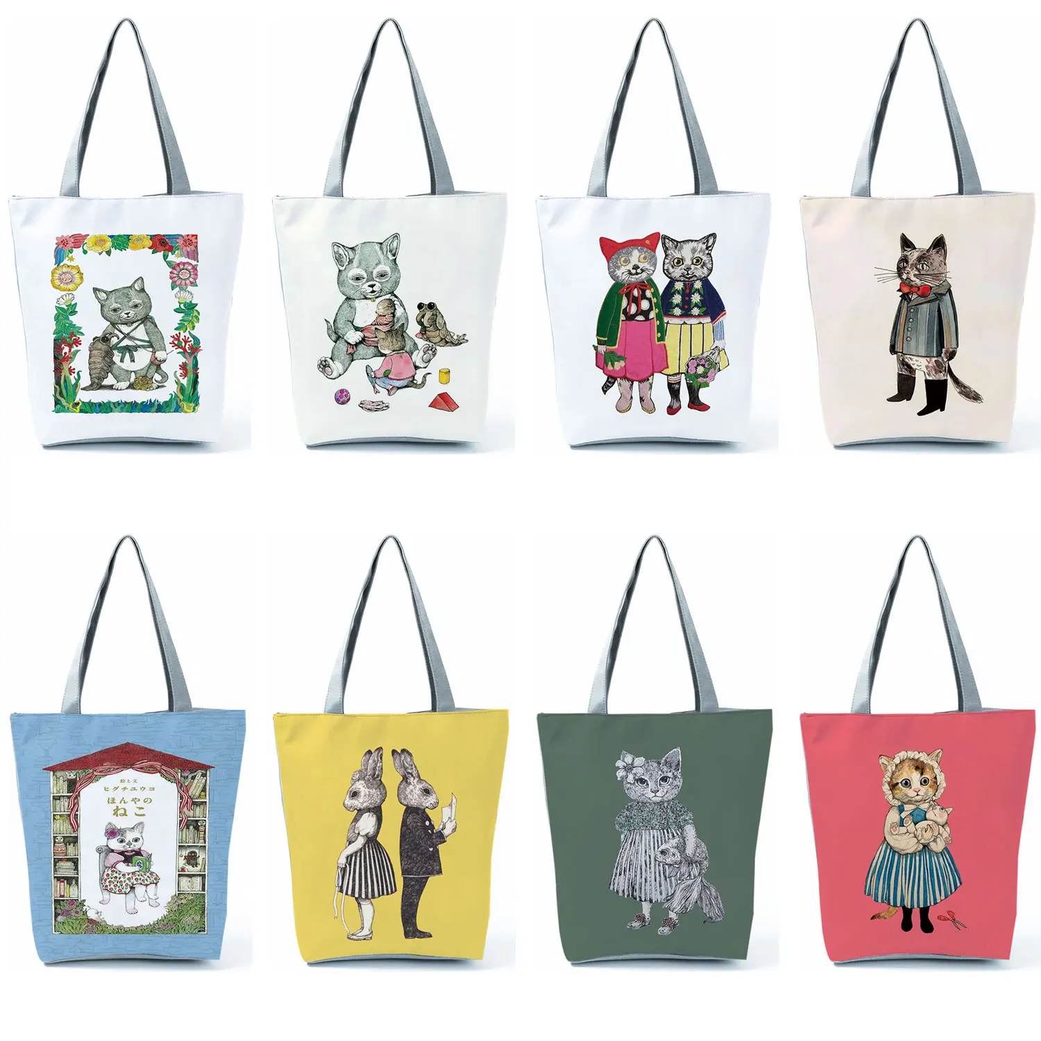 Cute Cat Creen Women\'s Casual Tote Cartoon Animation Eco Friendly Shopping Bag Daily Portable High Capacity Shoulder Bag Ladies