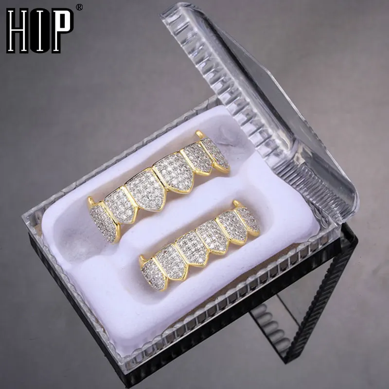 Hip Hop Iced Out Teeth Grillz Caps Cubic Zircon Micro Pave Top & Bottom Charm Grills Set For Men Women Jewelry Box Pack Gift