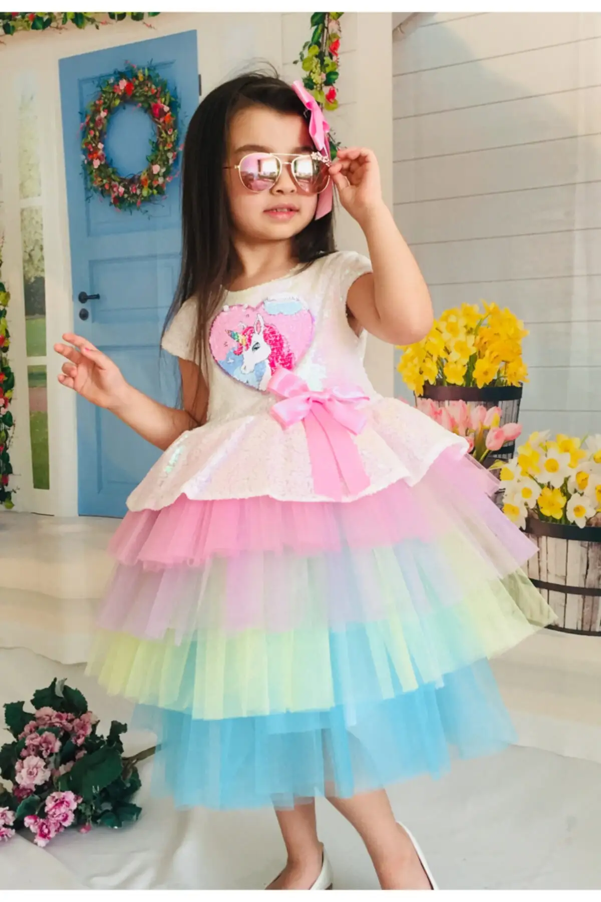 Mixie Female Child Colorful Unicorn Gauze Dress Female Child Dress French Lace Buckle Female Child dress wedding birthday