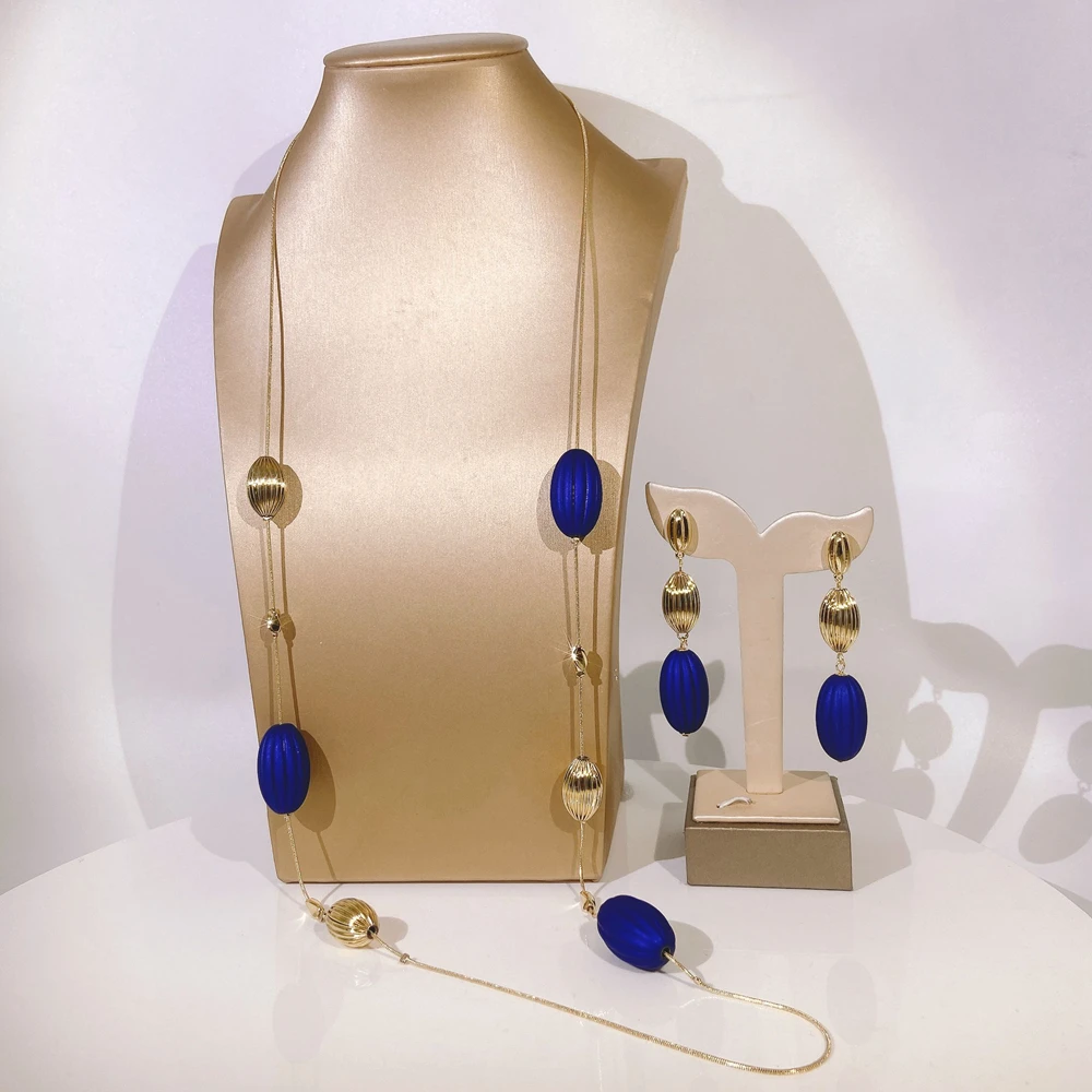 

Yulaili 2026 Newest Gold Plated Blue Earring Necklace Classic Fashion Luxury Ladies Woman Long Chain Jewelry Set