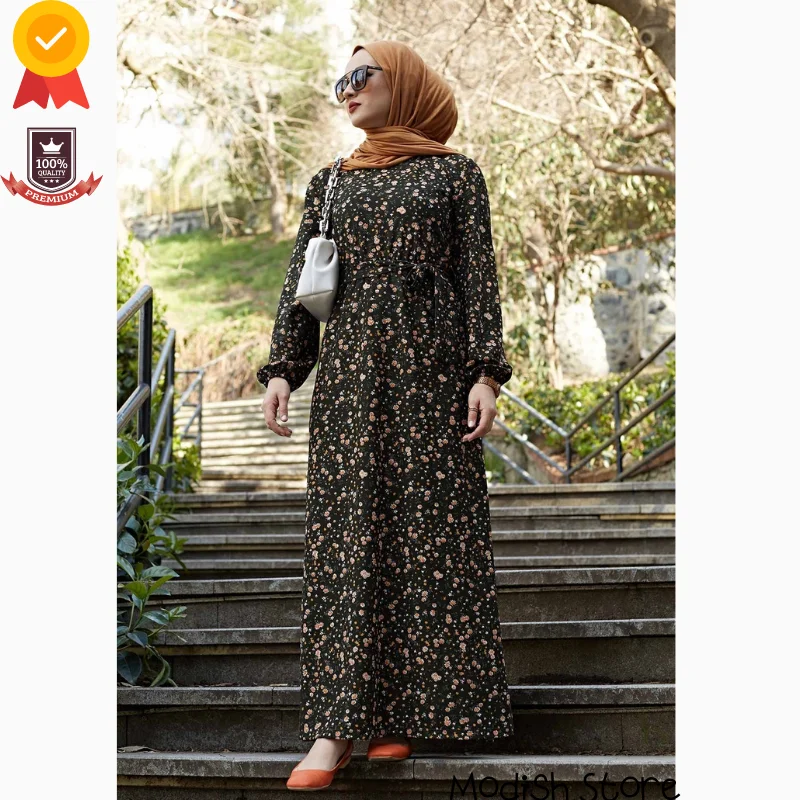 2021 Floral Women's Long Muslim Dress Dubai Abaya Muslim Fashion Moroccan Caftan Eid Mubarak Robe Turkey European Clothing Arabi