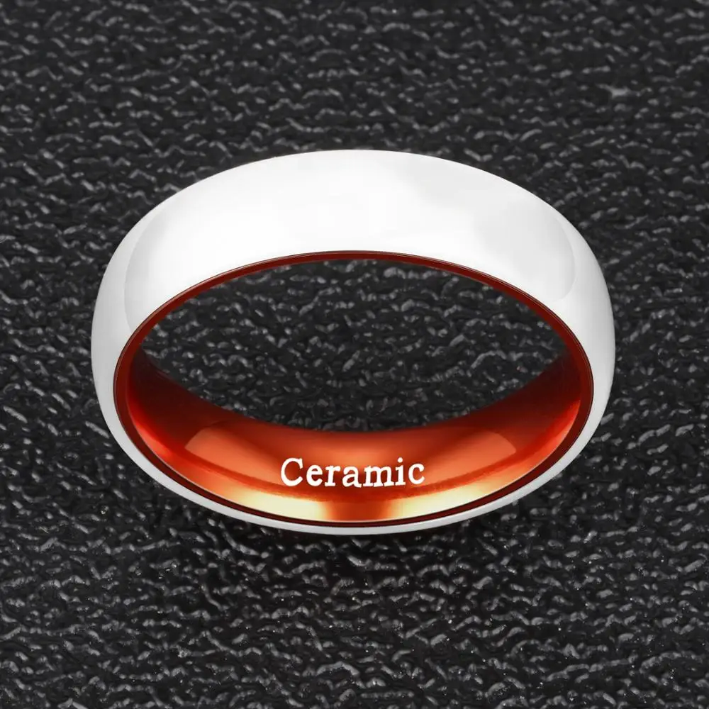 POYA 6 mm Wedding Band for Men Women White Ceramic Ring with Orange Aluminum Liner