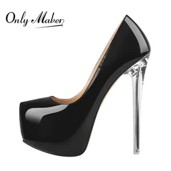 Onlymaker Platform Thin High Heels Pumps Inner  Patent Leather Shallow Slip On Transparent Metal Heels Women Shoes