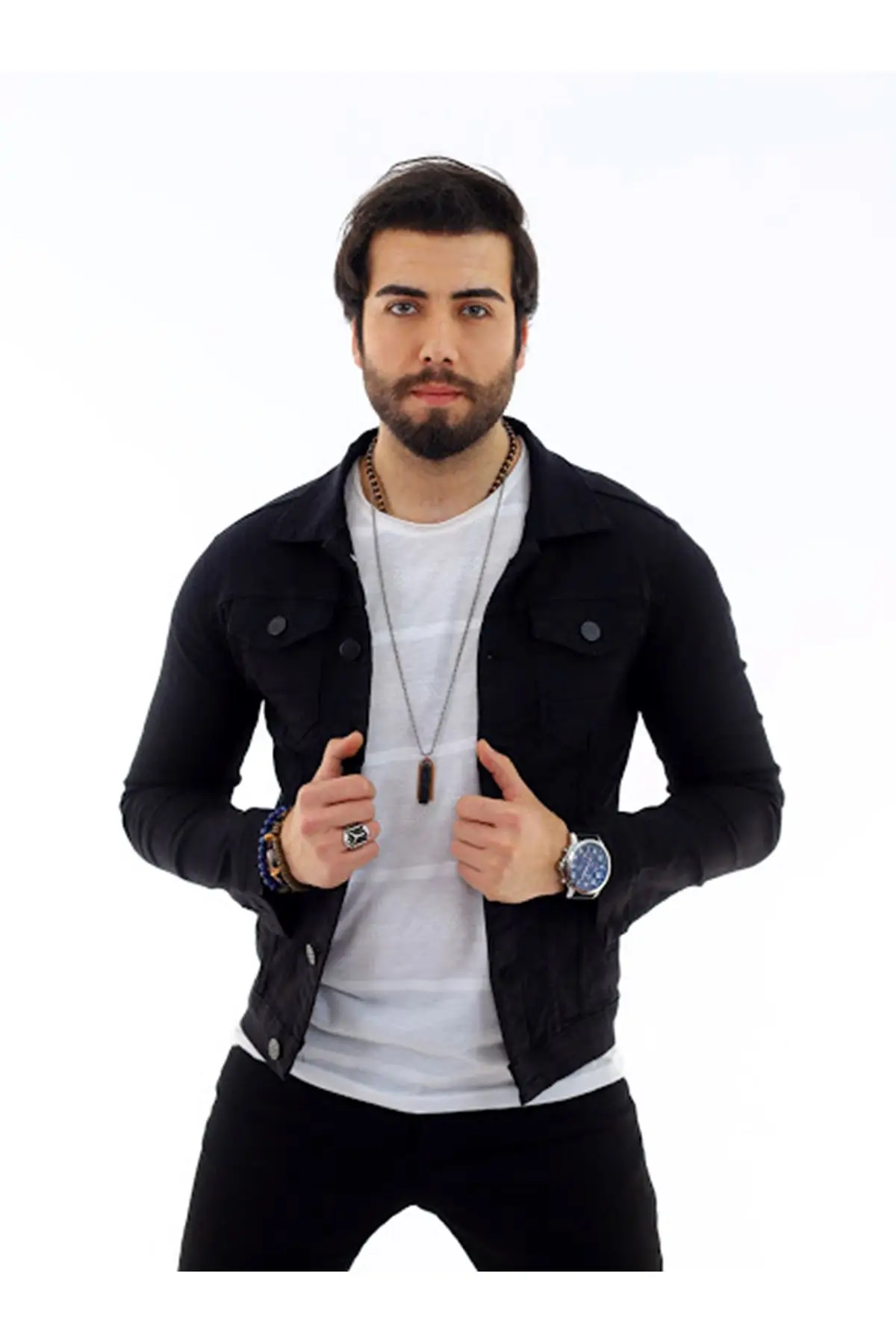 Men's Lycra Black Denim Jacket 2021 Trend Bomber Jackets Slim Fit Pocket Buttoned Casual Flexible Outerwear Young Style