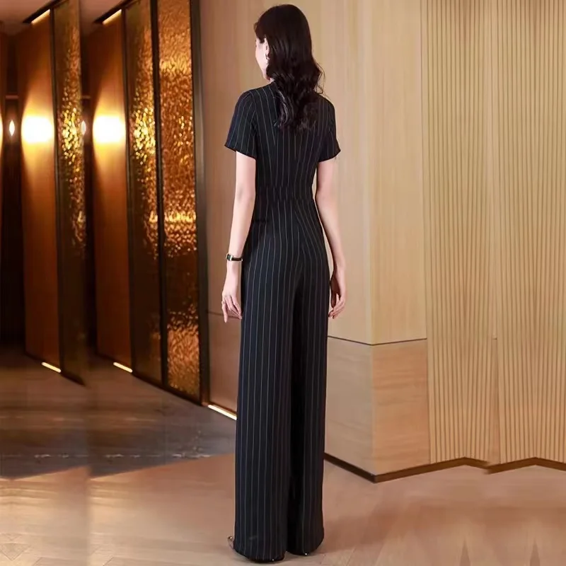 Black Business Suit Jumpsuit Summer 2022 New High Waist Fashion Slim Stripe Suit Wide Leg Pants Jumpsuit