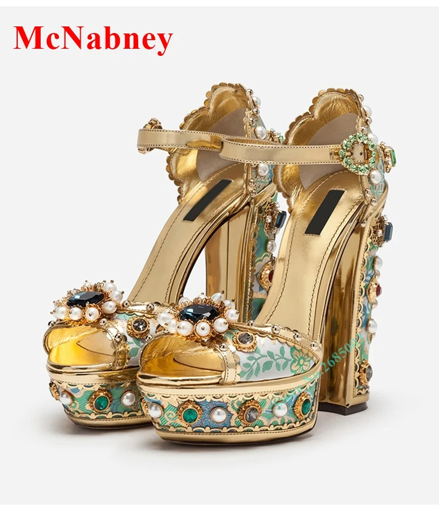 Peep Toe Rhinestone Chunky Heel Sandals Ankle Buckle Straps Platform Crystal Pearl Decor Sandal Women Shoe Summer Party Dress image 3
