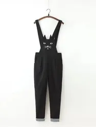 Estilo japonês Kawaii gato bordado macacão preto oversize feminino, bainha enrolada macacão jeans, combinação de jeans