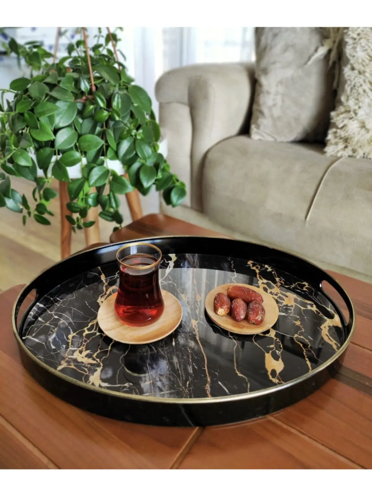 Oval Glass Based Big Presentation Tray 30x42cm - Black & gold Marble Decorative Lux Service Eat at the Presentation of organizer Multi-Purpose Tray