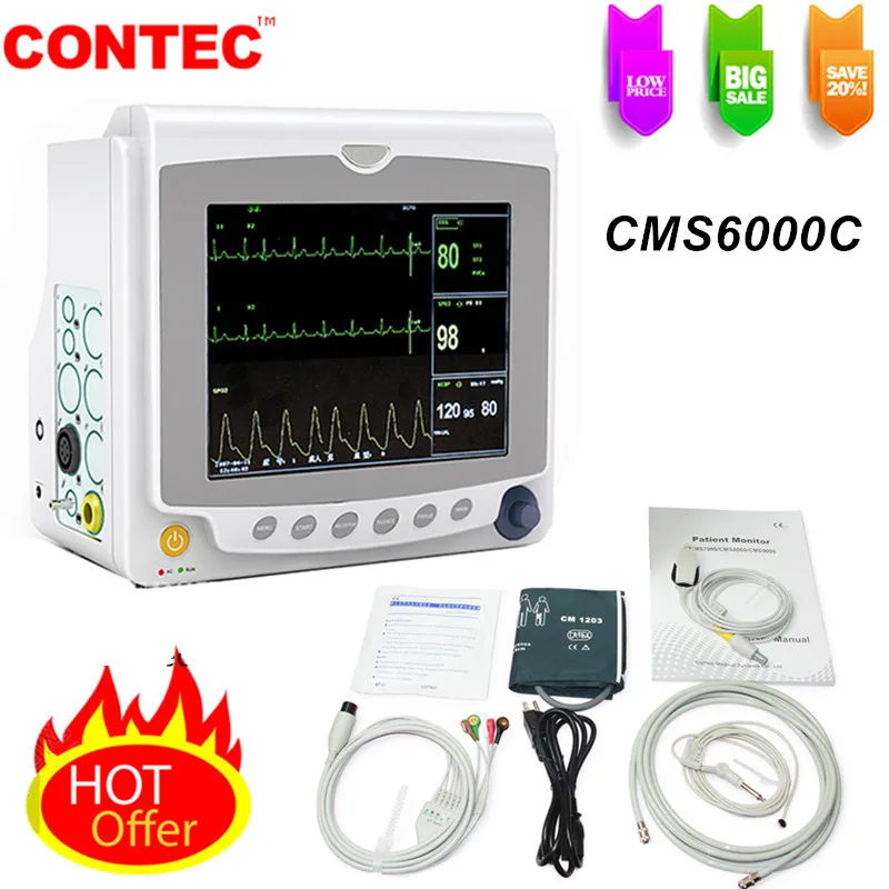 Contec paciente monitor 8tft tft tft tela colorida monitor paciente icu sinais vitais ecg nibp spo2 pr resp temp termômetro livre