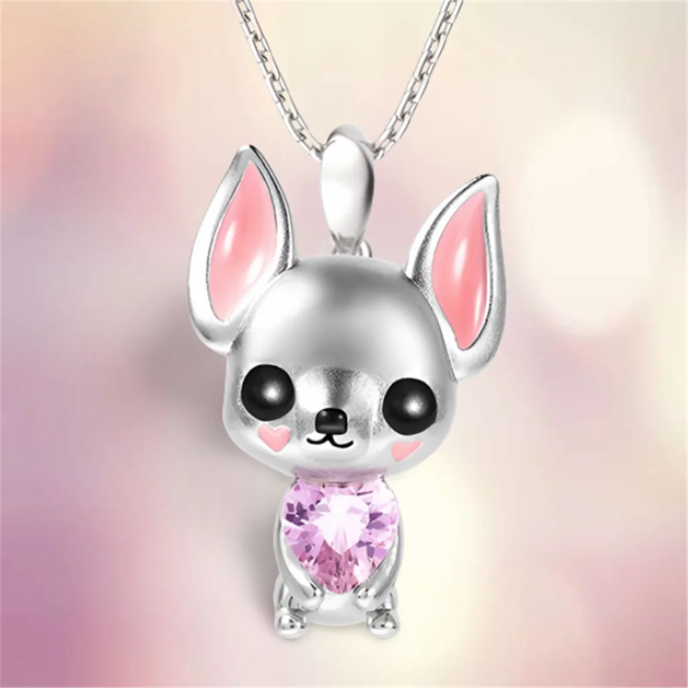 Imagen 5: Collar con colgante de Chihuahua de cristal rosa de corazón creativo para mujer, joyería de fiesta de mascotas exquisita para mujer, regalos de amor de cumpleaños únicos