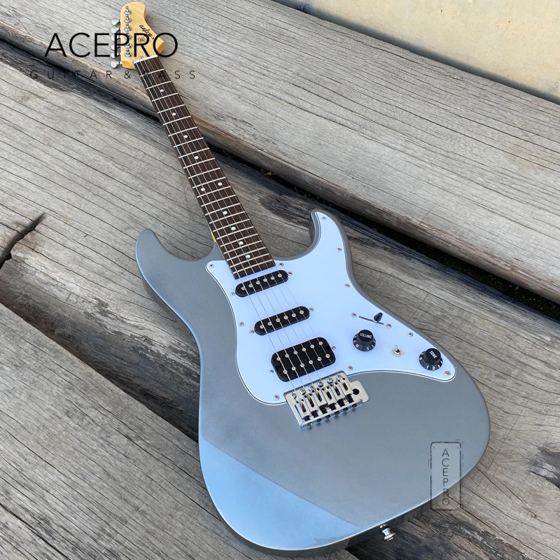 In Stock Acepro Metallic Grey Electric Guitar, 2-piece Mahogany Body,  Tremolo Bridge, Maple Neck, High Quality Guitarra