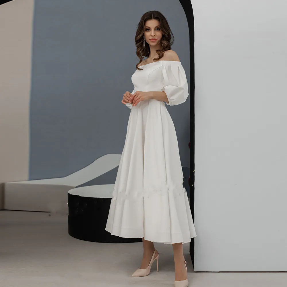 Off The Shoulder Boat Neck Wedding Dresses 2024 Simple For Women Half Sleeve Ankle Length Bridal Gowns Cute Robe De Mariée Stain