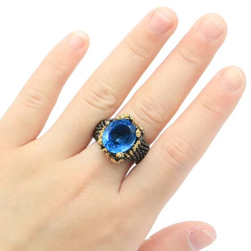 Buy 3 get 1 free 20x17mm Ring for Women Gothic London Blue Topaz Rhodolite Garnet Black Gold Color HipHop Punk Hollow