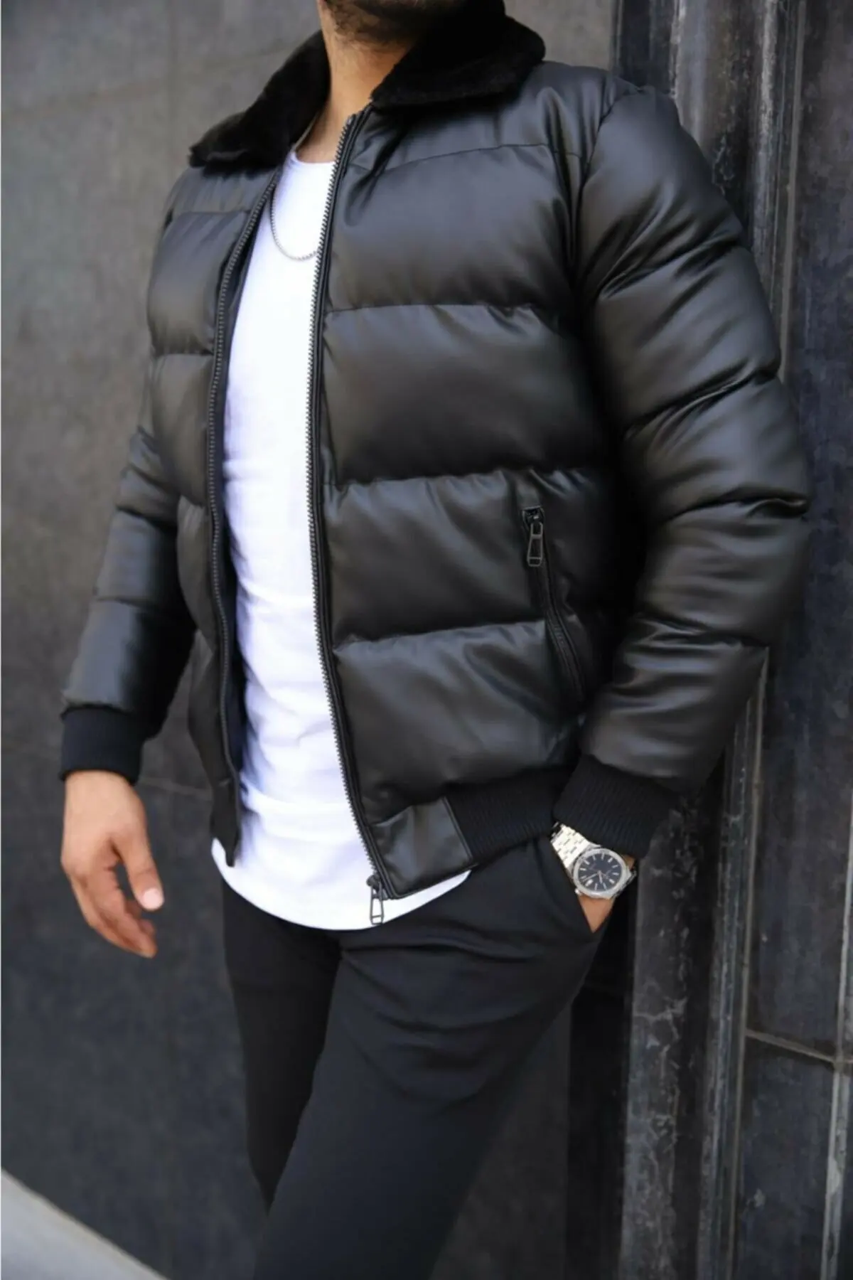 Men's Black Inflatable Coat Collar Wool Lined Elastic Waist 2021 Winter Season Slim Fit Stylish Design Winter Coat