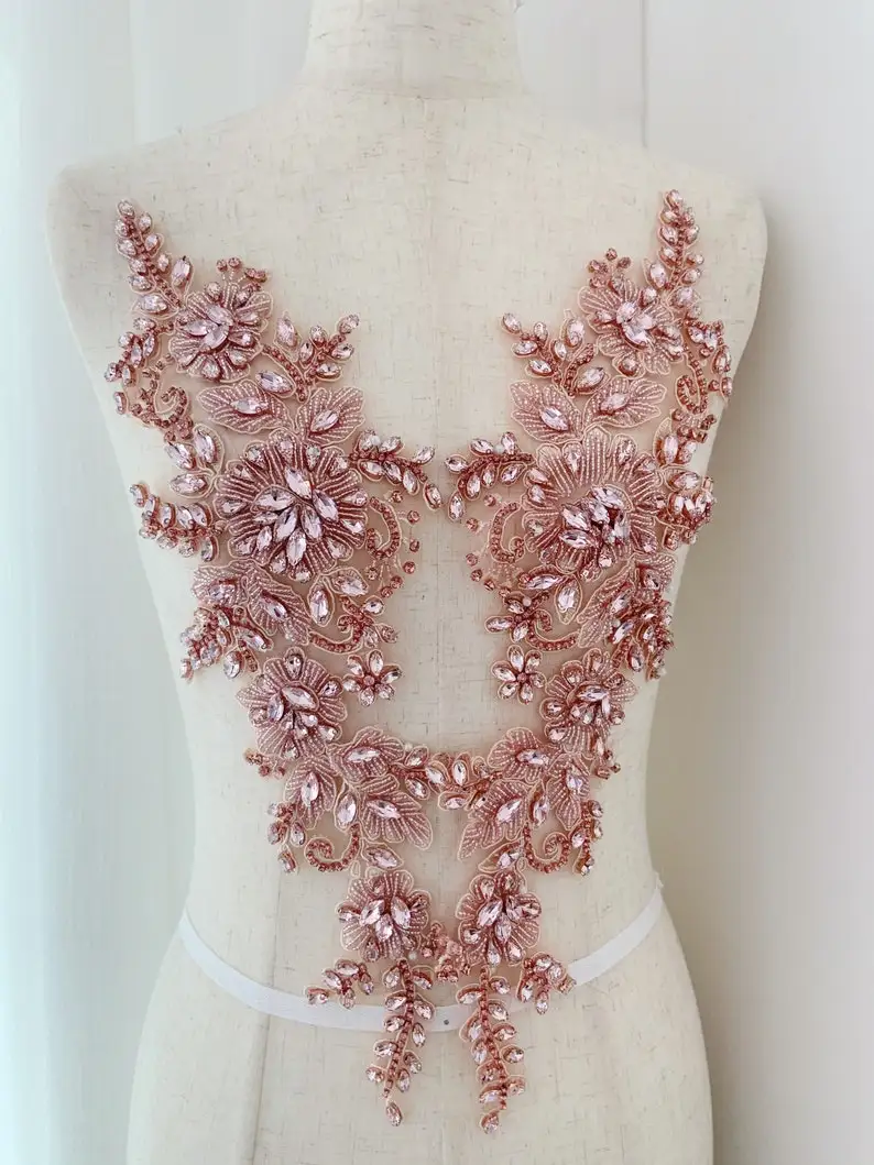 Pink Rhinestone Applique, Crystal Bead Bodice Patch, Hand Crafted Rhinestone Bead Applique For Couture And Dance Costume