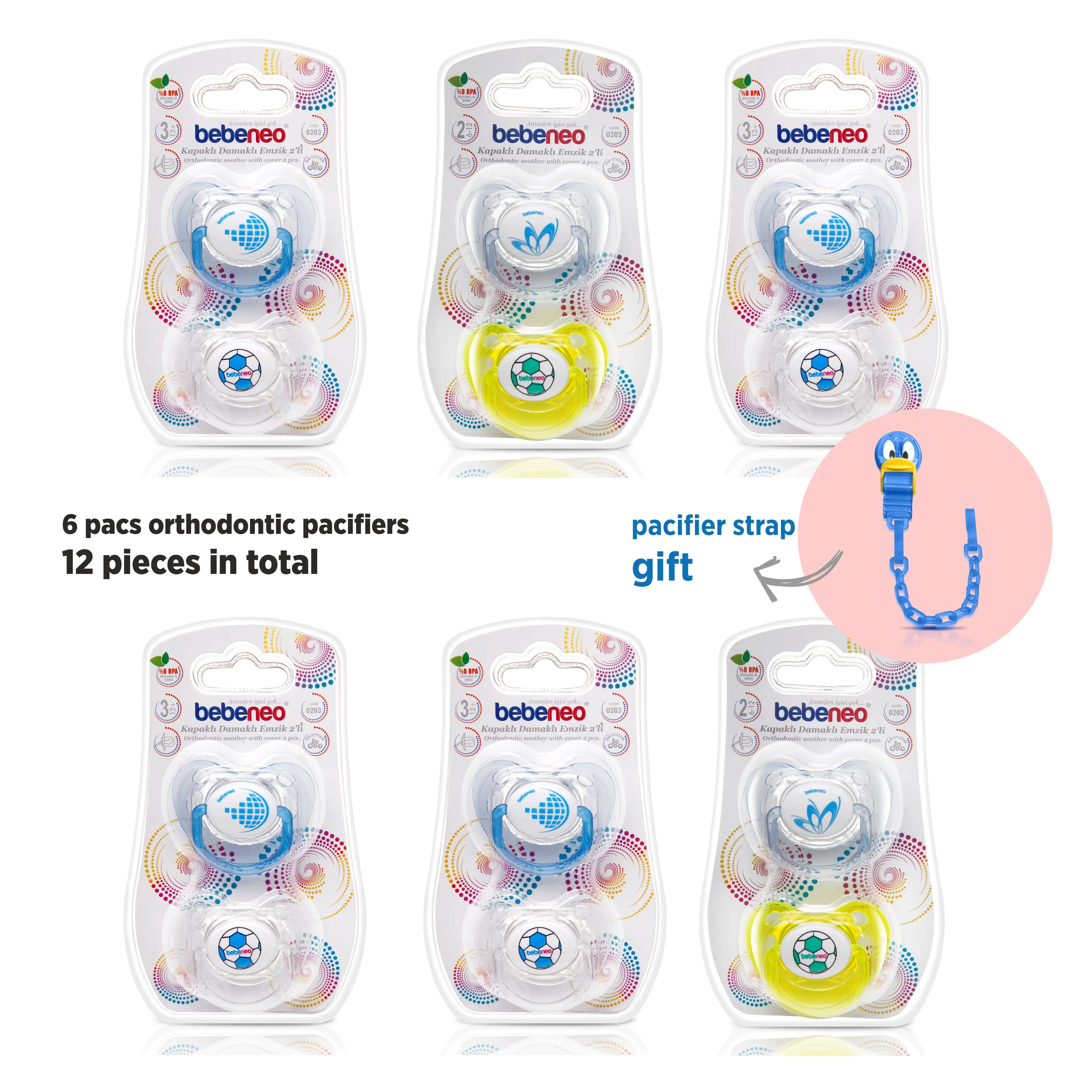 Newborn Pacifier Set - 6 packs 12 pcs Orthodontic Pacifier Set - pacifier strap  gift - Orthodontic Soother Set Made in Turkey