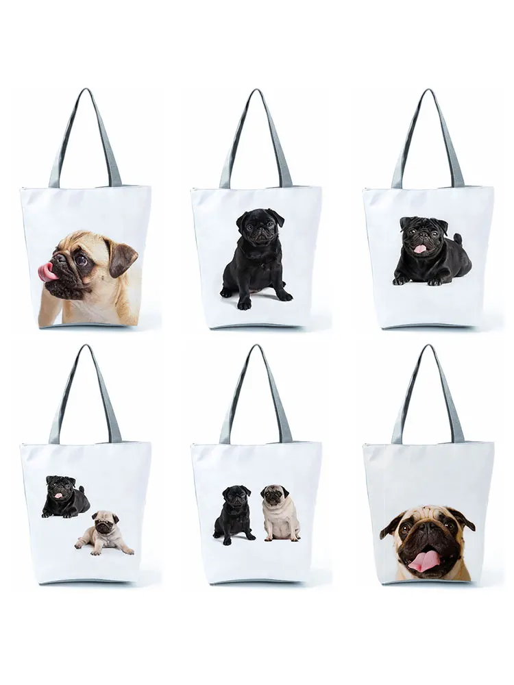 Animal Print Handbags for Women Pattern Cartoon Cute Pug Tote Female High Capacity Simple Portable Shopping Bag Eco Friendly Bag