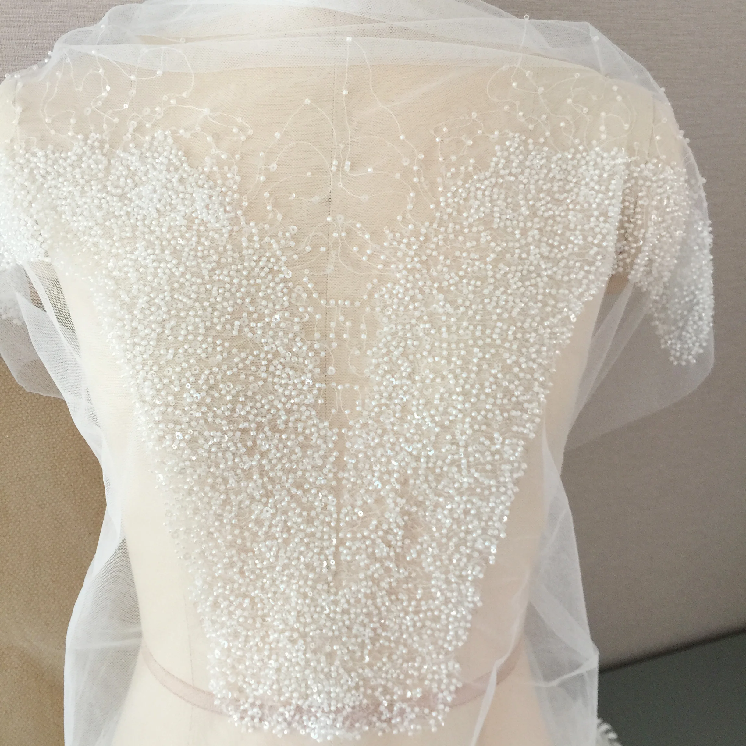 1 Piece Ivory 3D Seed Pearl Beading Tulle Lace Applique Flower Patch Applique Clear Sequin  Wedding Dress Accessories