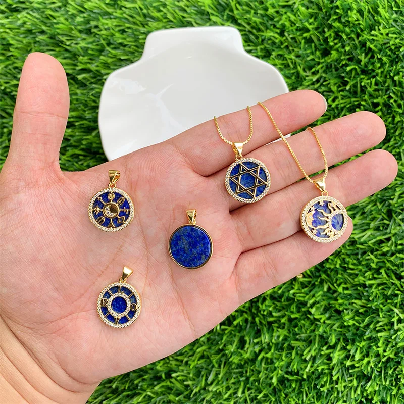 Natural Stone Lapis Lazuli Pendant Charms Brass Gold Plated With Cubic Zirconia 17x19mm Accessories For DIY Making Necklace