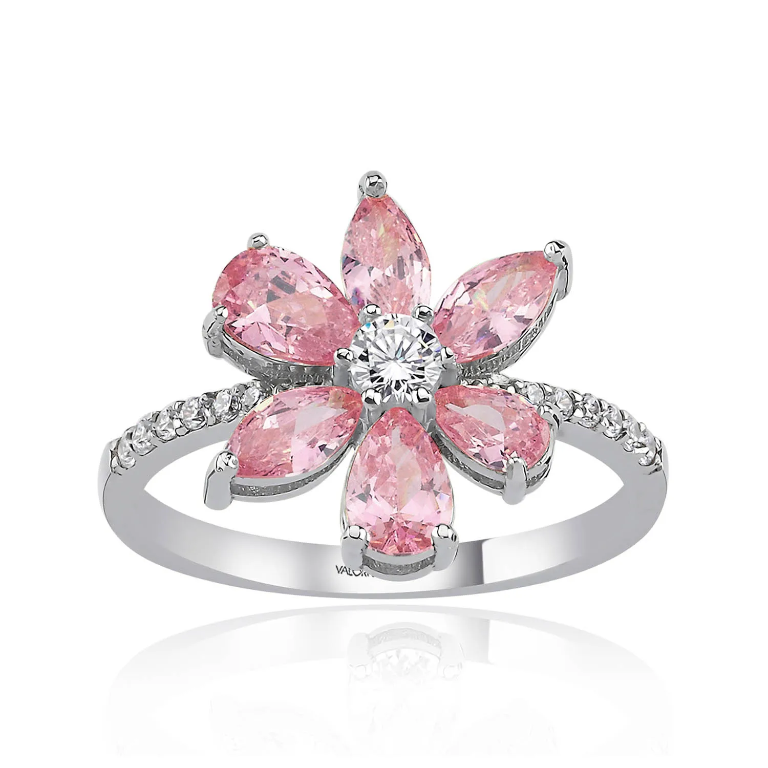 

Asymmetric Pink Magnolia Flower Ring 2 Ct Gemstone Zircon Pear, 925 Sterling Silver Fine Jewelry