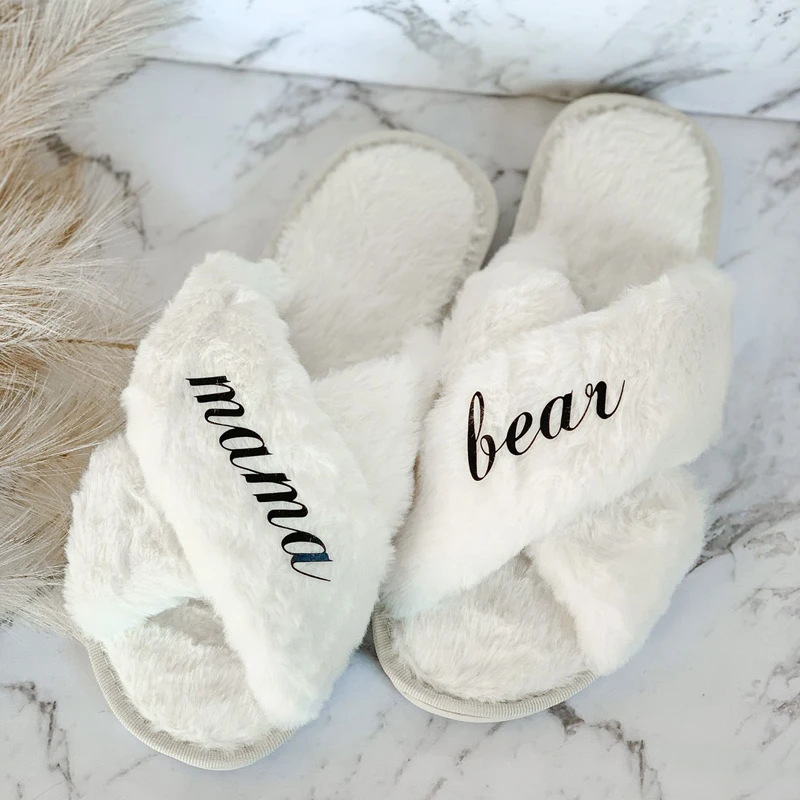 Personalized Cross Fluffy Slippers with Faux Fur Custom Bridesmaid Gifts Bridal Shower Wedding Bachelorette Party Warm Slippers