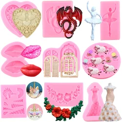 Door Window Silicone Mold Lips Rose Ballet Dancer Dress Fondant Cake Decorating Tools Dragon Unicorn Bird Chocolate Candy Mould