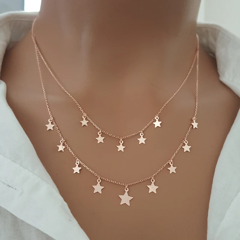 Rose Gold Star Layer Choker Necklace Disc Necklace Dainty Necklace 925 Silver Layered Necklace