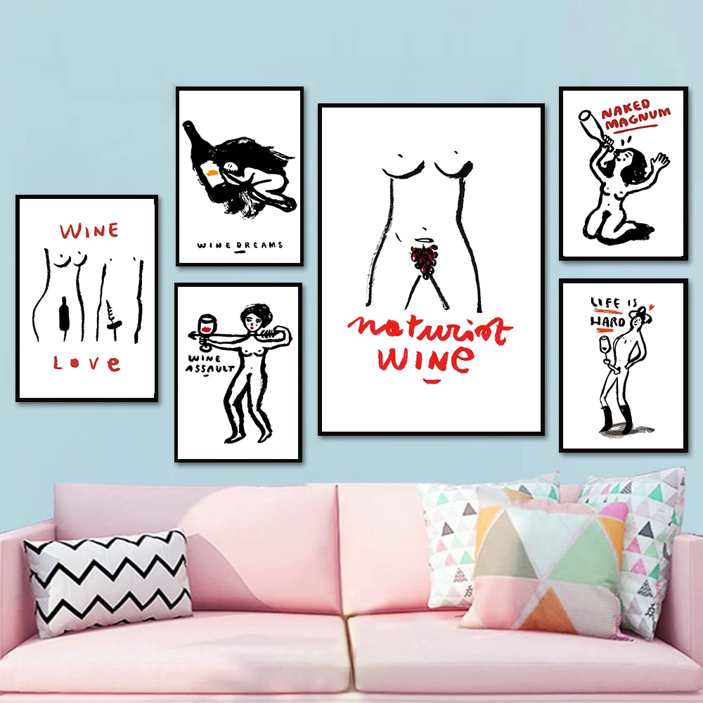 Wine Love Canvas Black White Wall Art Minimalist Print Painting Naturist Poster Nordic Picture Modern Living Room Decor