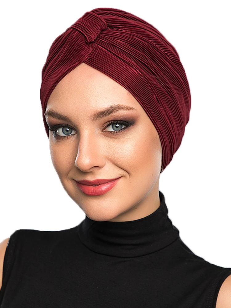 

2022 New Fashion Cross Pleat Banded Ready Made Turban Hijab Bonnet Scarf Cancer Cap Special Women Product Beret Bandana Muslim Liner Chemo All Season Rib Lame Pearl Bead