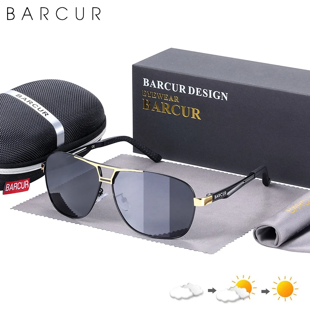 

BARCUR Pilot Photochromic Sunglasses Metal Frame Men Polarized Sun Glasses Glass Eyewear Trend Styles UV400 Protection