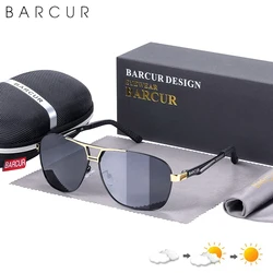 BARCUR Pilot Photochromic Sunglasses Metal Frame Men Polarized Sun Glasses Glass Eyewear Trend Styles UV400 Protection