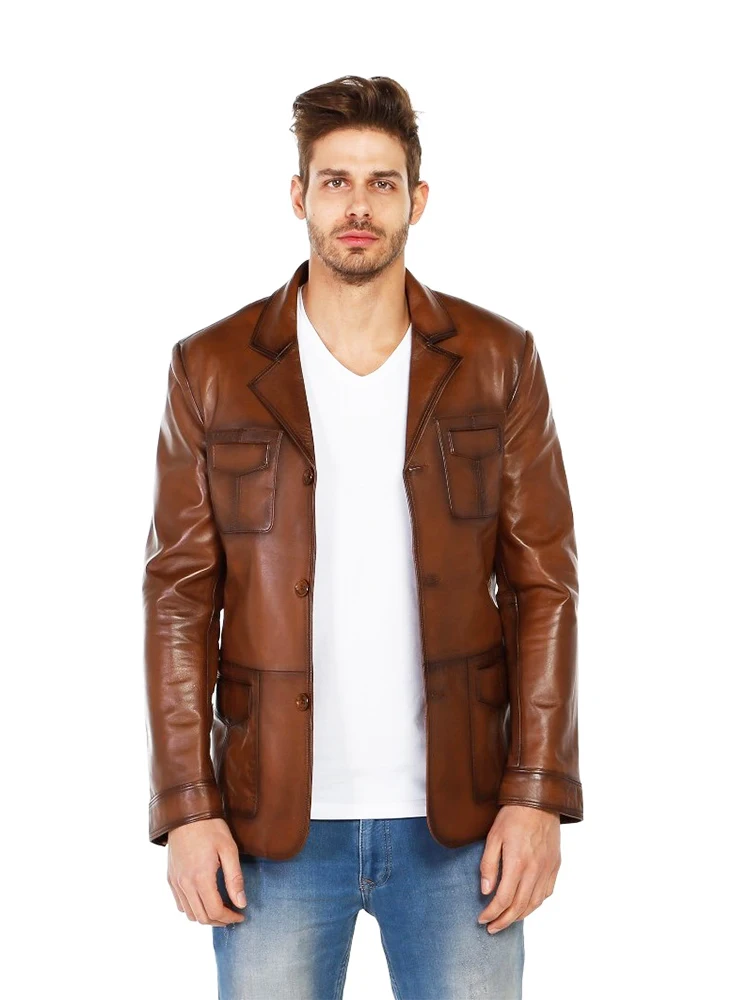 Genuine Soft Lambskin Leather Jacket Handmade Man Brown Jacket Biker Motorcycle Style Blazer Bomber Real Fur Coat Custom Product