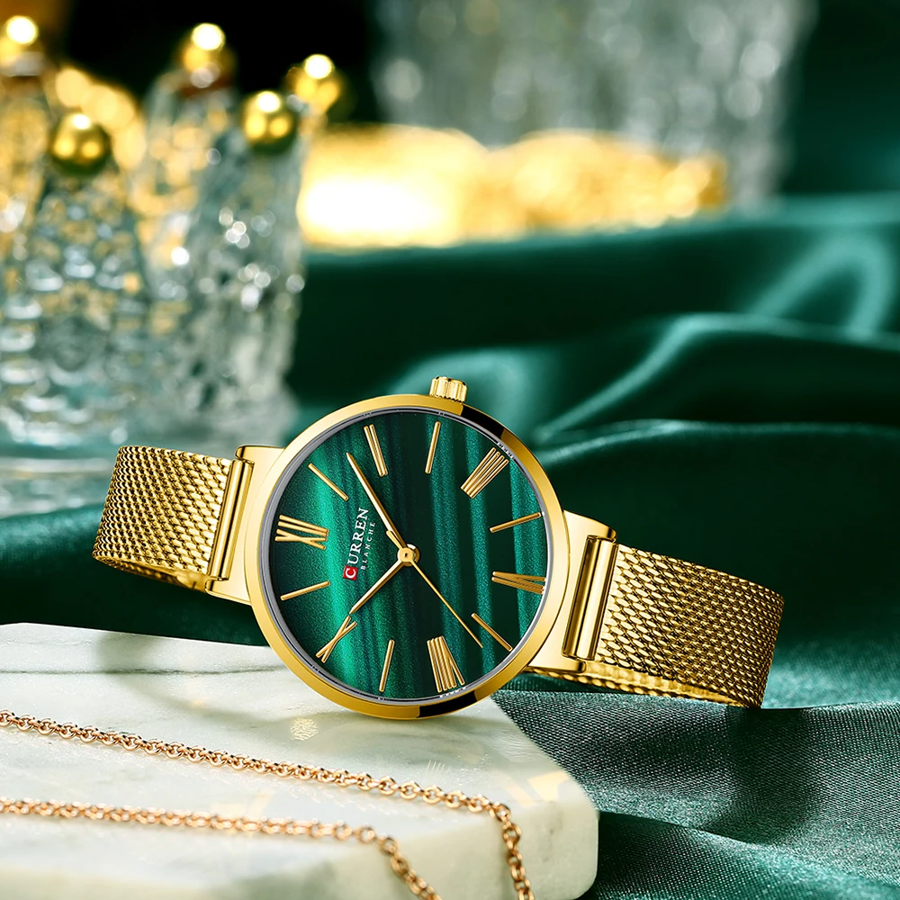 Reloj Mujer CURREN Luxury Watch for Women Fashion Malachite Green Quartz Dress Bracelet Wristwatch with Leather Female Clock