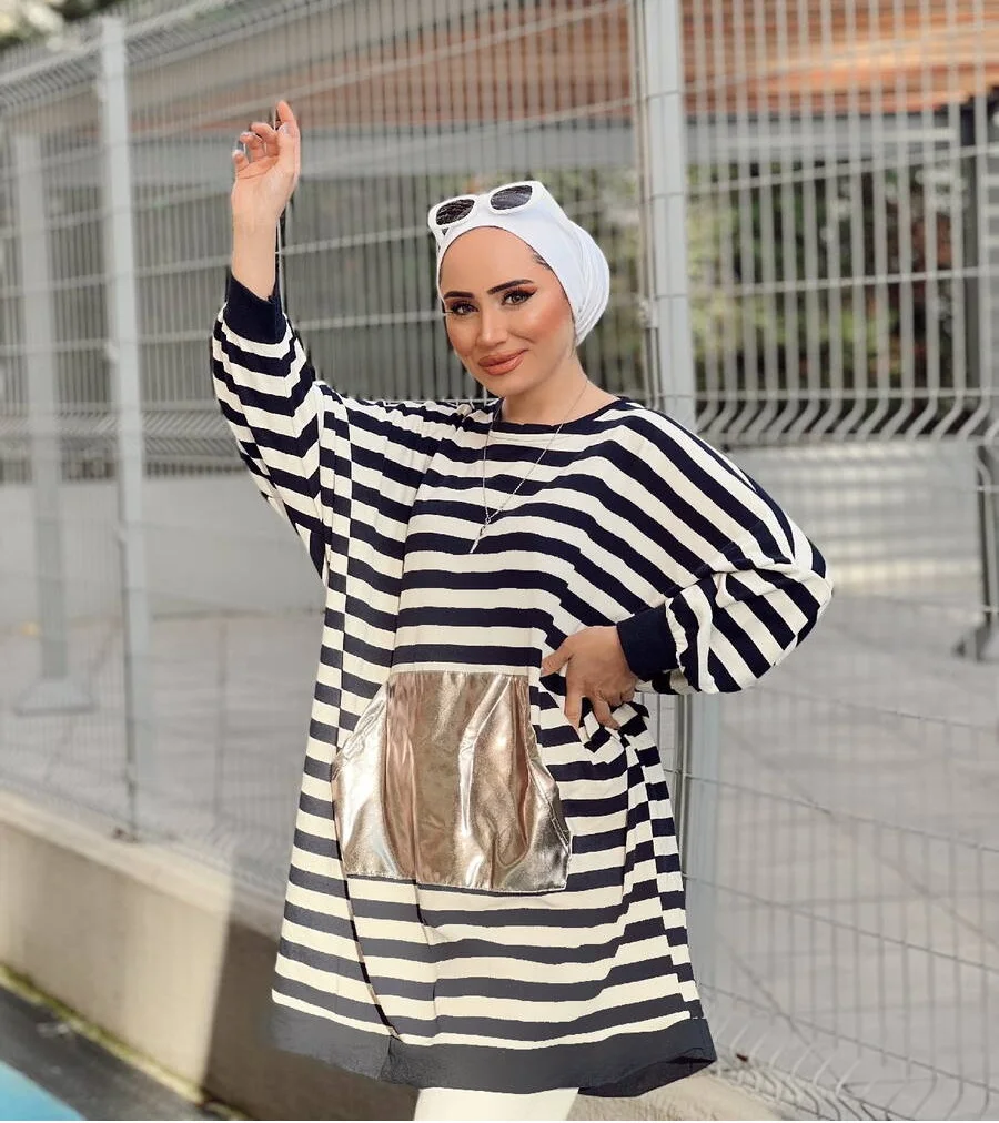 Muslim hijab dress Pocket Detaied Striped Sweat Muslim hijap Muslim women clothes Women\'s Dresses turkey Hijap Autumn dress