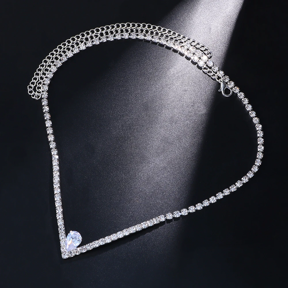 Stonefans V Shape Rhinestone Neckalce Choker Wedding for Women Statement Zircon Water Drop Tennis Chain Necklace Party Jewelry