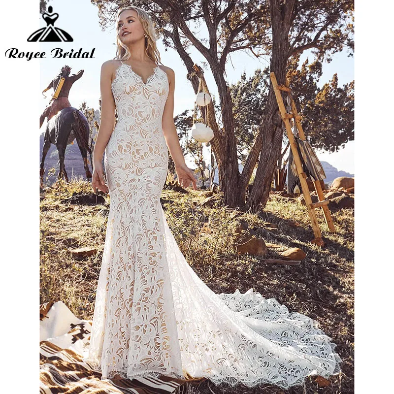 Vestidos de novia bohemios de sirena, vestido de novia con escote en V, estampado Floral, Espalda descubierta, tirantes finos, corte sirena, 2022