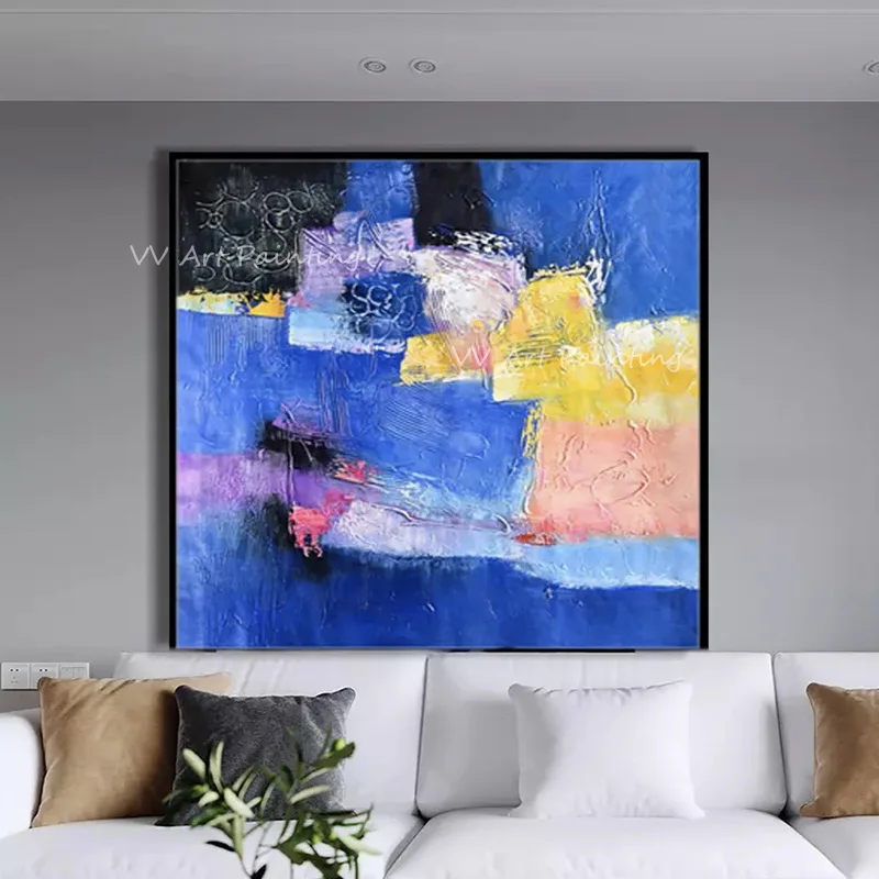 Hand-Painted Impasto Abstract Oil Painting, Palette Knife Vibrant Color Block Canvas Art, Square Modern Textured Wall Decor
