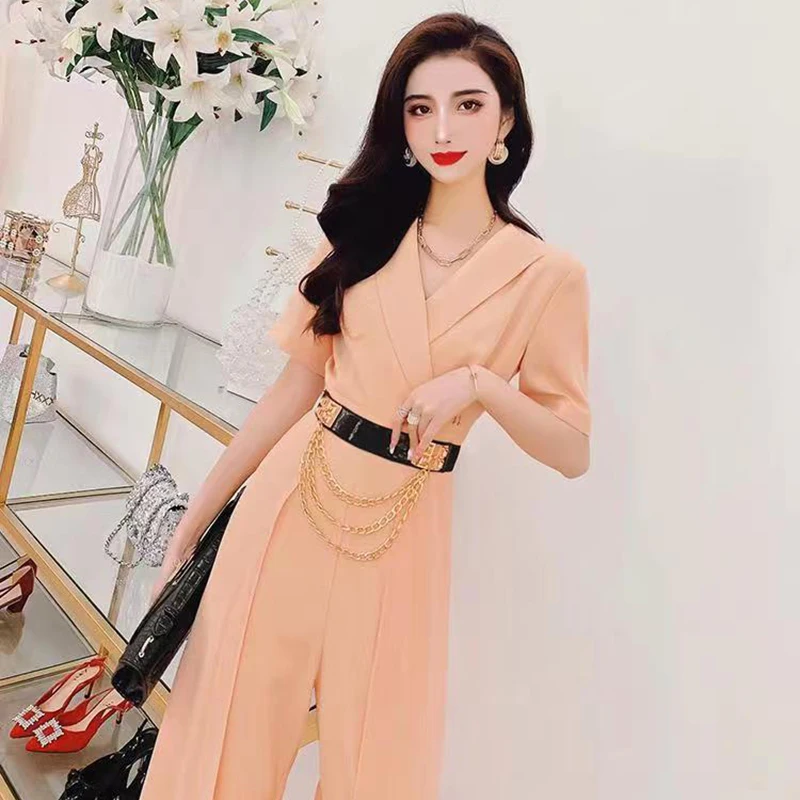 Bộ Quần Áo Mùa Hè 2022 Mới Voan Nối Nữ Cao Cấp Ống Rộng Jumpsuit Nữ Tính Khí Của Cổ Chữ V Jumpsuit