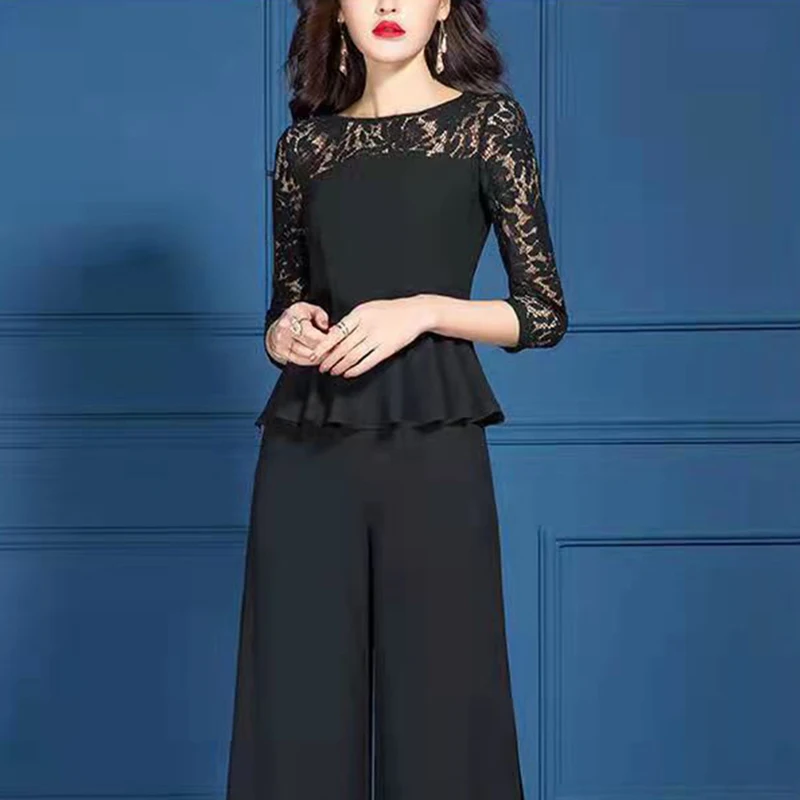 

2023 Spring And Summer Women's Suit Fashion Black Wide-leg Pants Suit Lace Two-Piece Women's Pants Suit