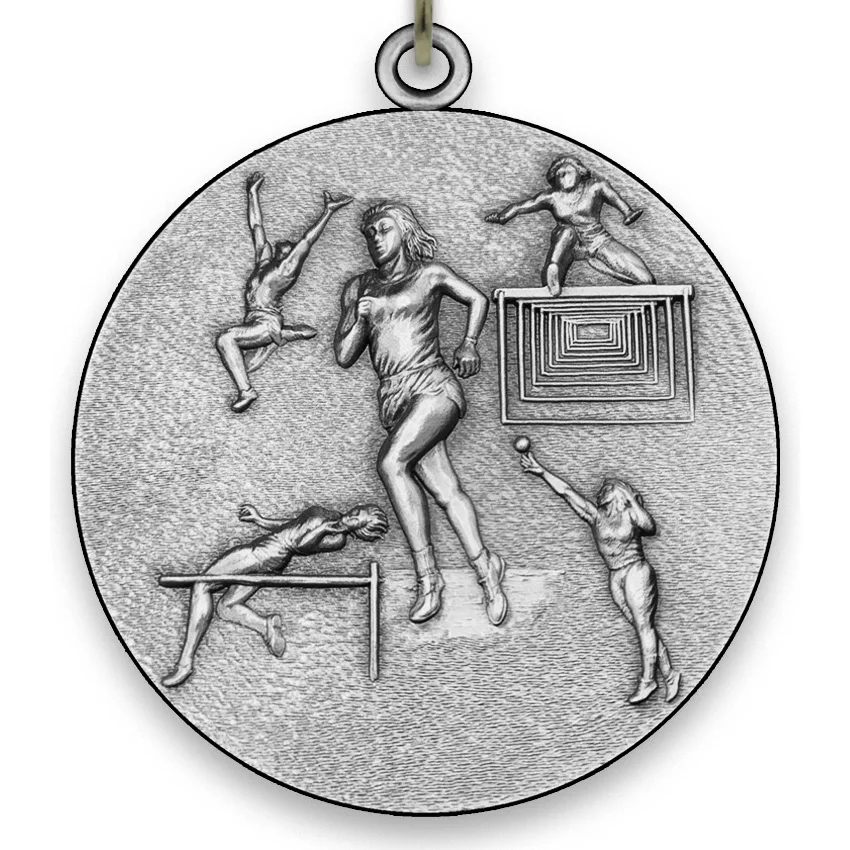 Large Metal Track and Field - Female - Silver Medal - 6,4 cm - with Neck Ribbon size 2,2cm x 80 cm - Choice of Ribbon Colours.