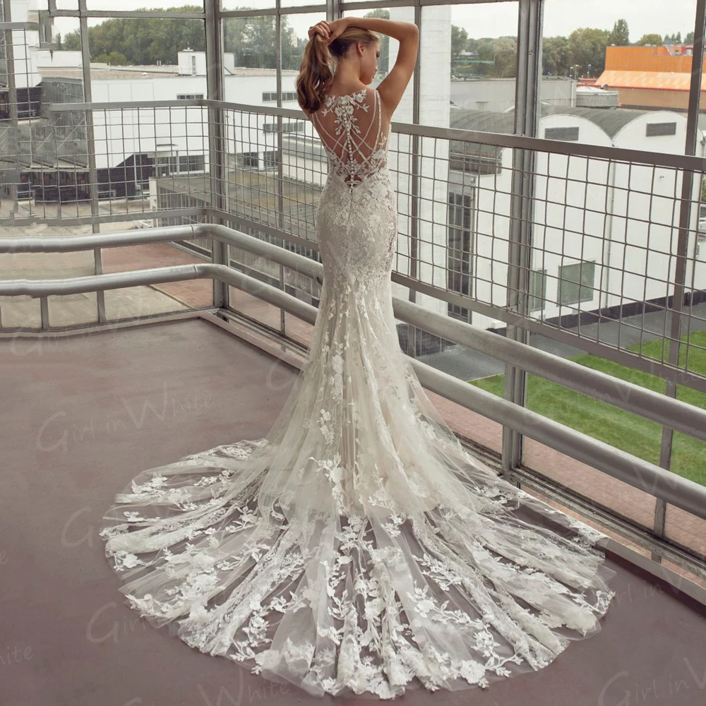 Luksusowe koronki suknia ślubna z aplikacjami syrenka Vestidos De Novia Sexy Illusion bez pleców, długa suknia ślubna pociąg Bridal Robe De Mariée