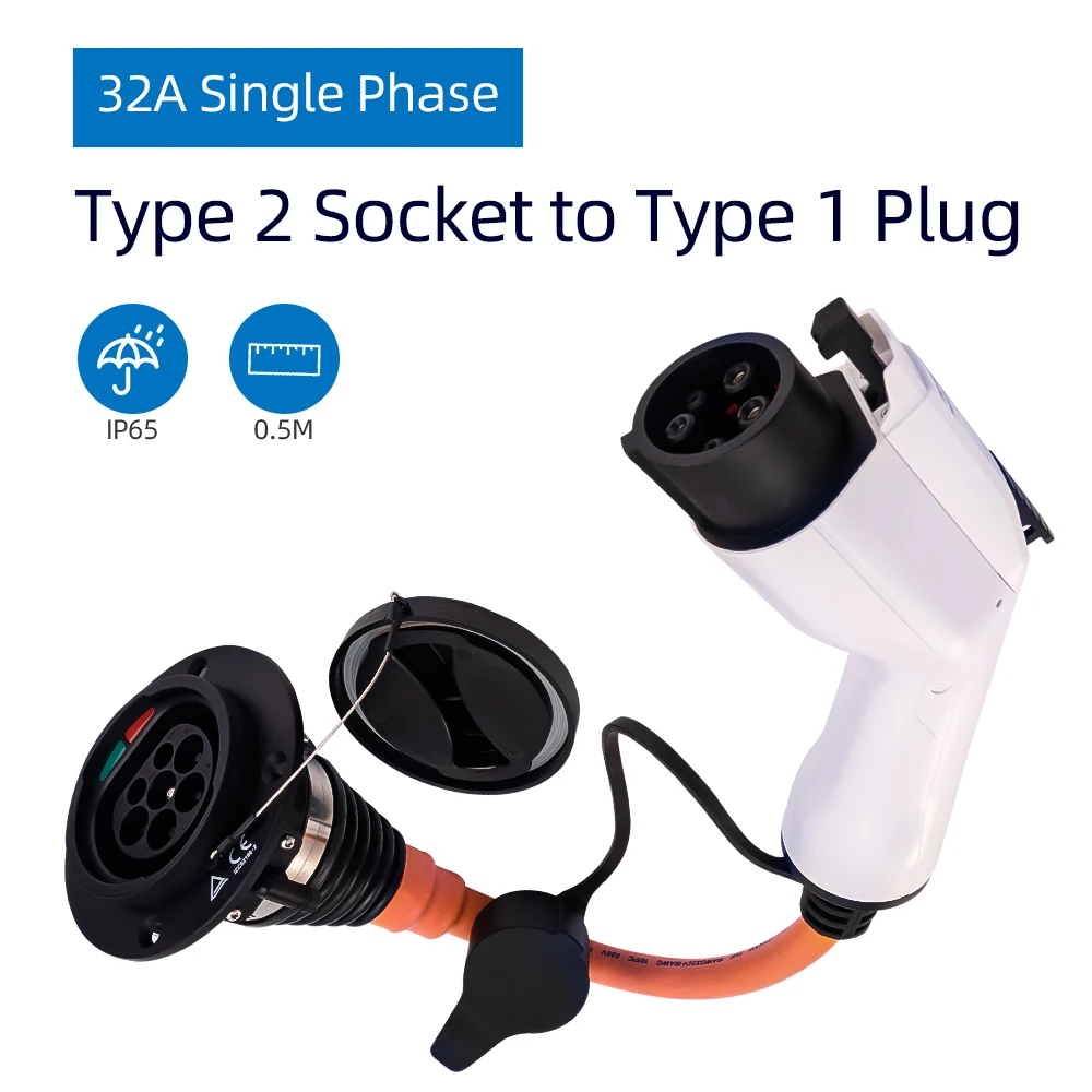 

DUOSIDA EV Charger Electric Car Adapter EVSE Charging Cable Type 2 Socket Inlet to Type 1 Plug Flexible 32A 1 Phase