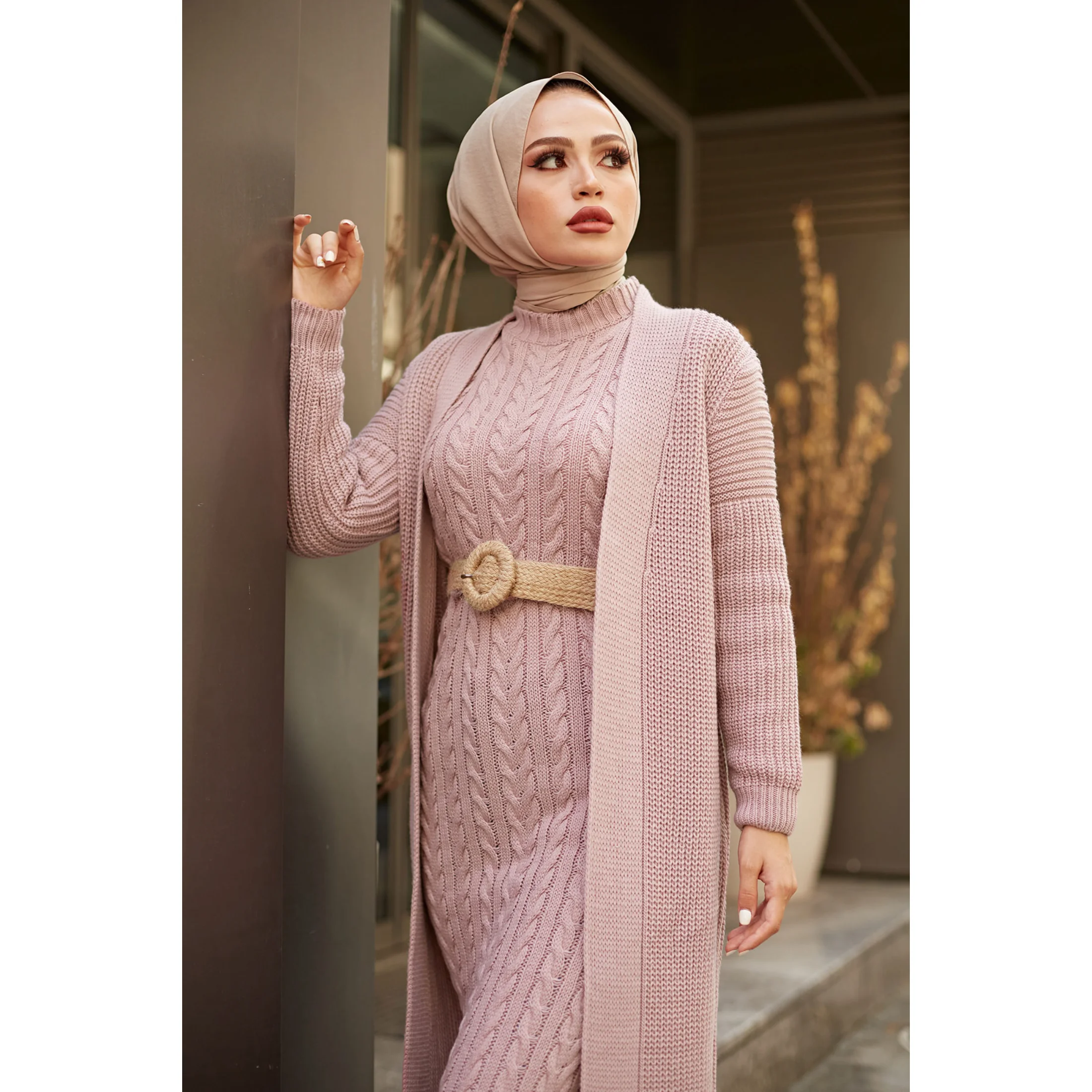 2 Piece Women\'s Knitted Maxi Set For Winter Half Turtleneck Long Sleeve Knitwear Dress and Cardigan Muslim Fashion Hijab