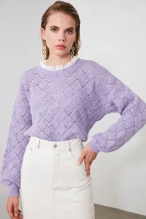 Pull en tricot ajouré avec détail en dentelle pour femme, vêtement élégant en Organza, Perspective