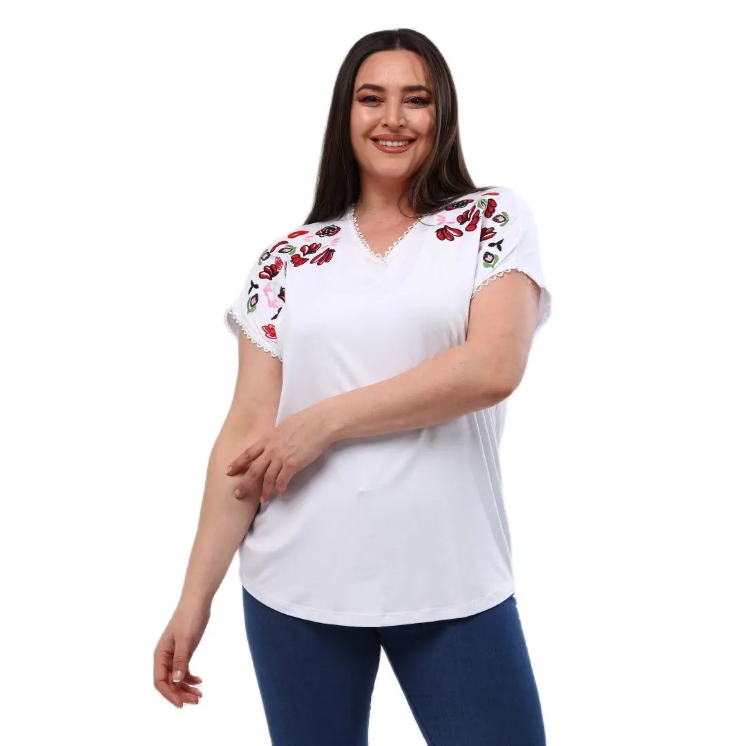 Blusa de talla grande con cuello en V y detalle de bordado de flores para mujer, diseñada y hecha en Turquía, recién llegada